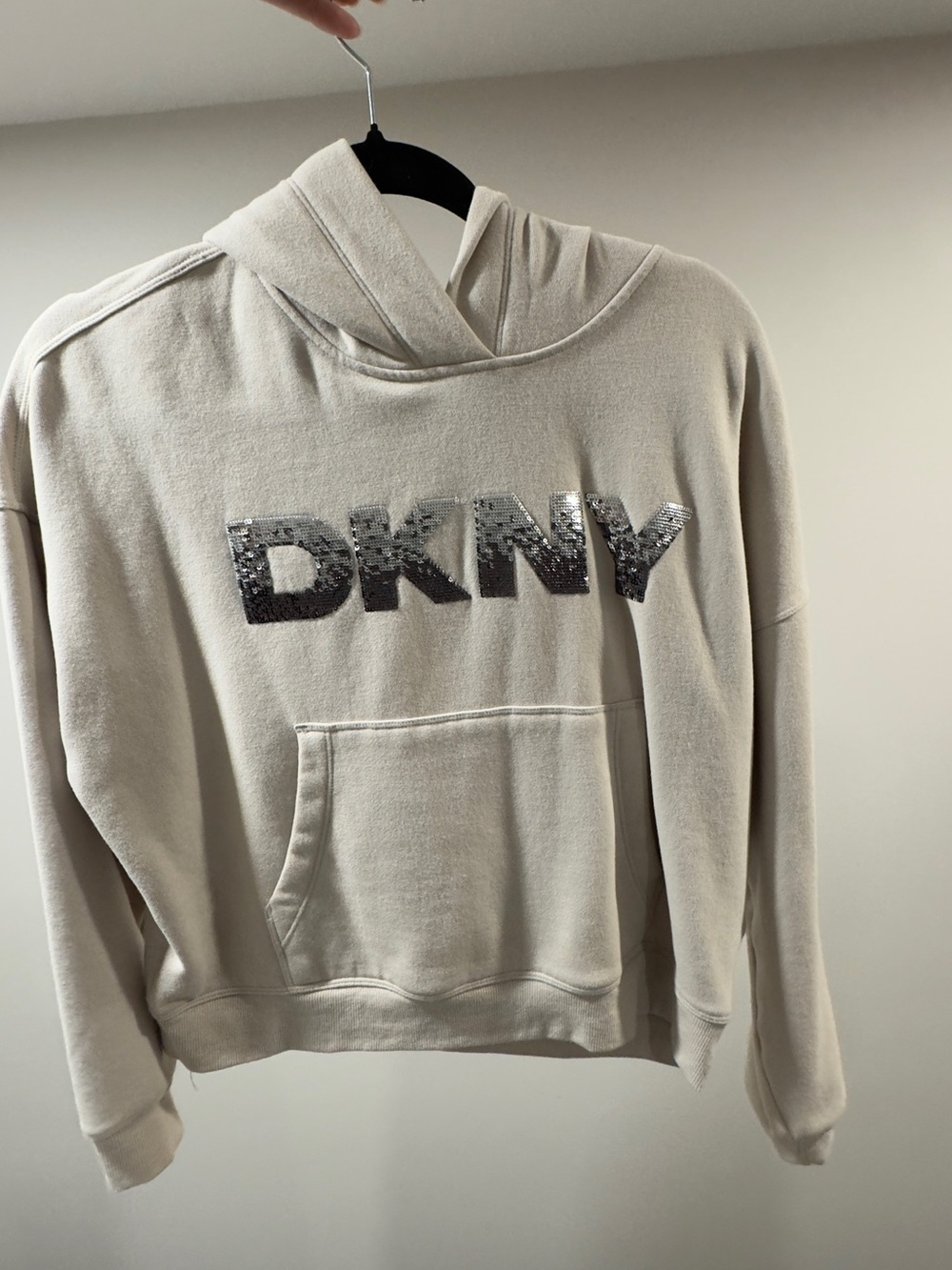 DKNY Cream Hoodie with Silver Sequin Logo